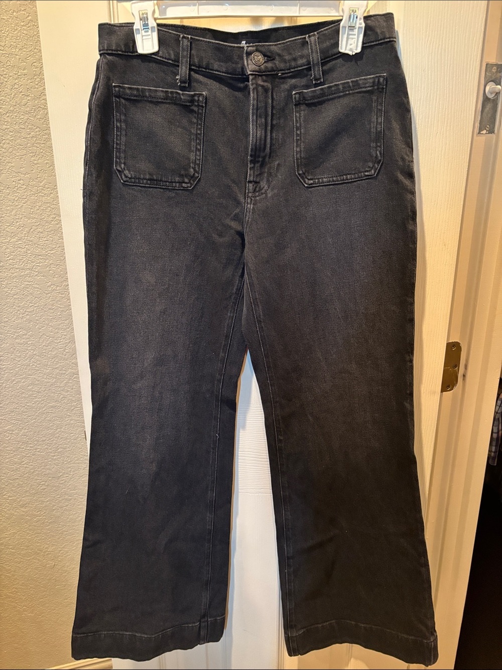 7 For All Mankind Lotta High Rise Wide Leg Jeans Washed Black Patch Pocket 29